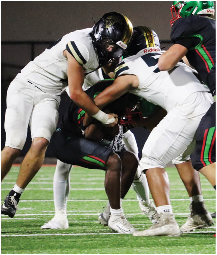 Two people in white football uniforms tackle a person in a black and green football uniform during a game. Description generated by AI