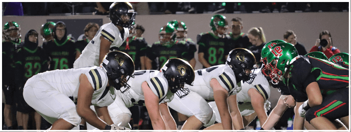 People in football uniforms are lined up on the field facing each other, preparing for a play during a game. Description generated by AI