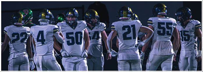 Several people wearing football uniforms stand together on a field with a dark background. Description generated by AI
