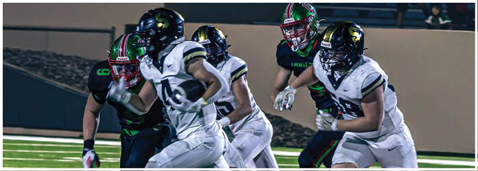 People wearing sports uniforms are running and competing on a green field during a game. Description generated by AI