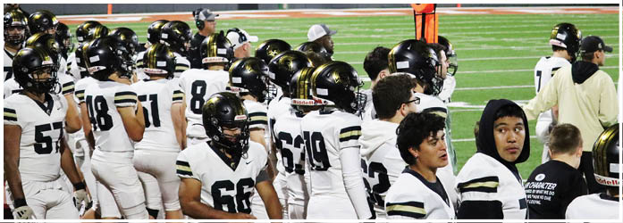 A group of people wearing white sports uniforms with black helmets and numbers are standing on a green field, some facing away and others looking toward the camera. Description generated by AI