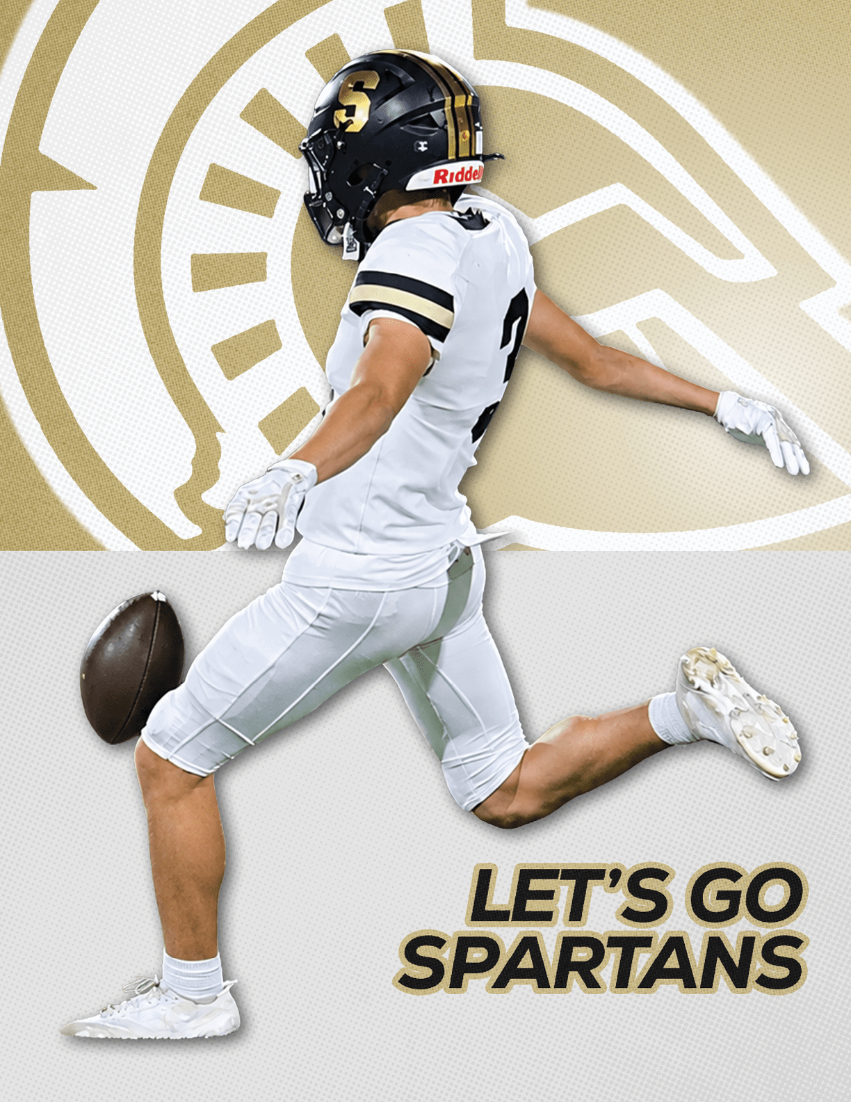 A person in a white football uniform and black helmet is kicking a football with the text “LET'S GO SPARTANS" below. Description generated by AI