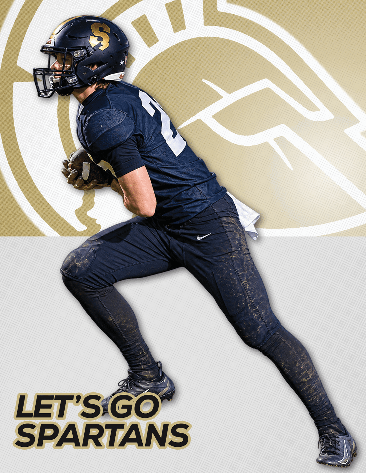 A person in a dark football uniform and helmet is running with a football against a background featuring a Spartan helmet logo and the text “LET'S GO SPARTANS." Description generated by AI