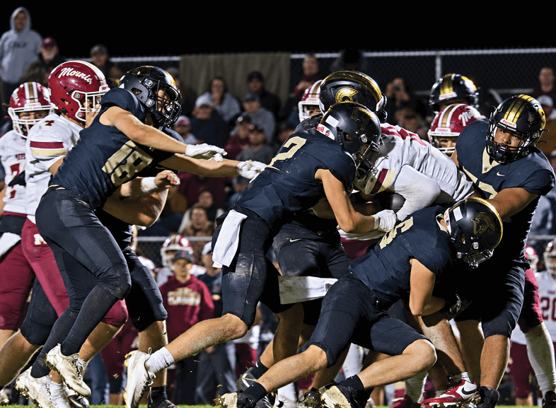 Four people wearing black football uniforms with “VISTA" on the front are standing together in a stadium with a crowd in the background, two of them holding helmets raised above their heads. Description generated by AI