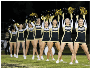 A line of people in matching black and gold cheerleading uniforms hold black and gold pom-poms raised above their heads while standing on a grassy field at night. Description generated by AI