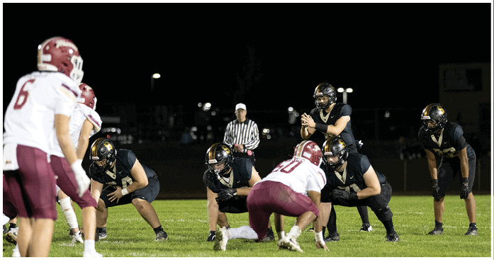 A group of people in football uniforms are positioned on a field at night with one person preparing to throw a football and a referee standing in the background. Description generated by AI