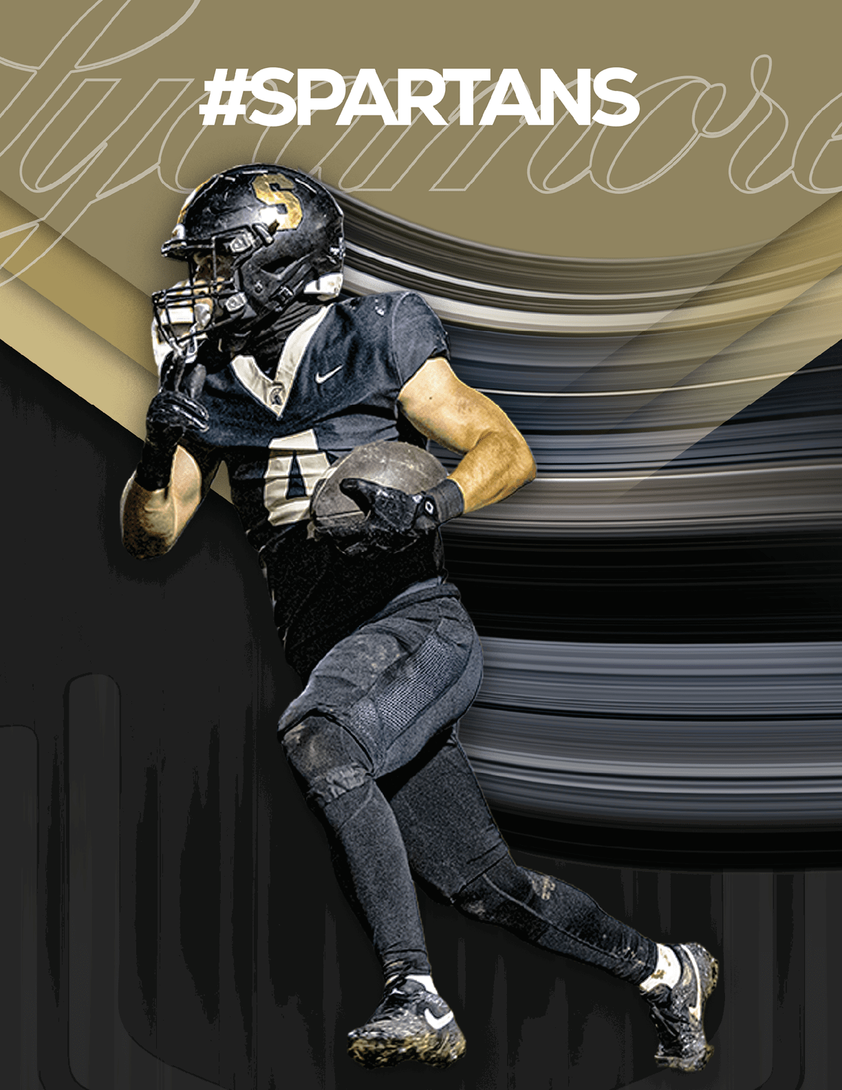 An adult wearing a black football uniform and helmet is running with a football against a dynamic background with the hashtag #SPARTANS above. Description generated by AI