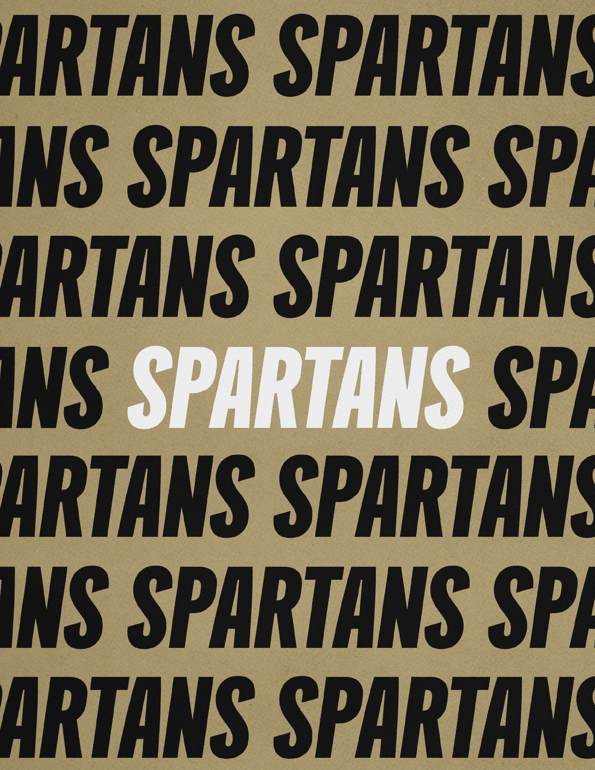 The word “SPARTANS" is repeatedly printed in bold black letters on a tan background with one instance in bold white letters standing out in the center. Description generated by AI