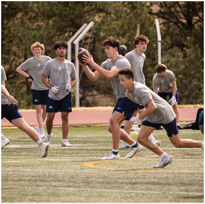 Three football players in blue and white uniforms running on a field. Description generated by AI