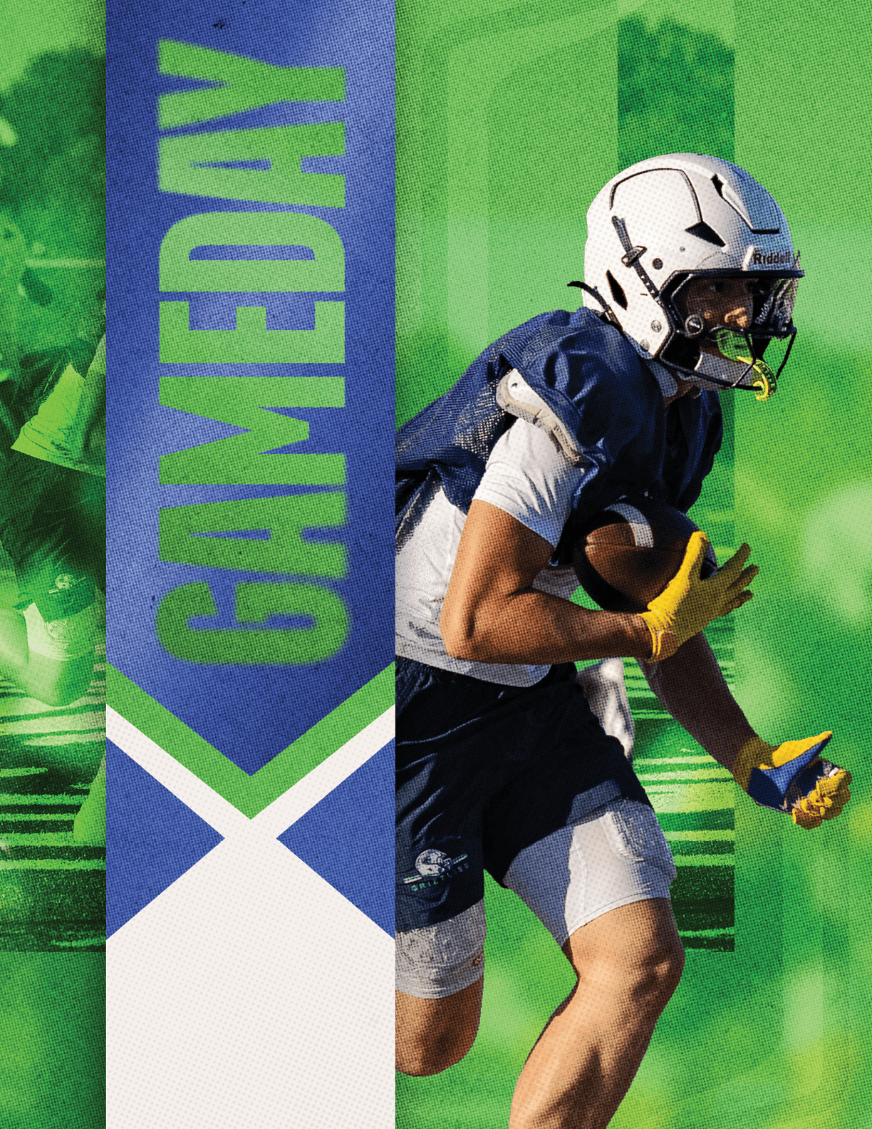 A football player is tackled by another player. Description generated by AI