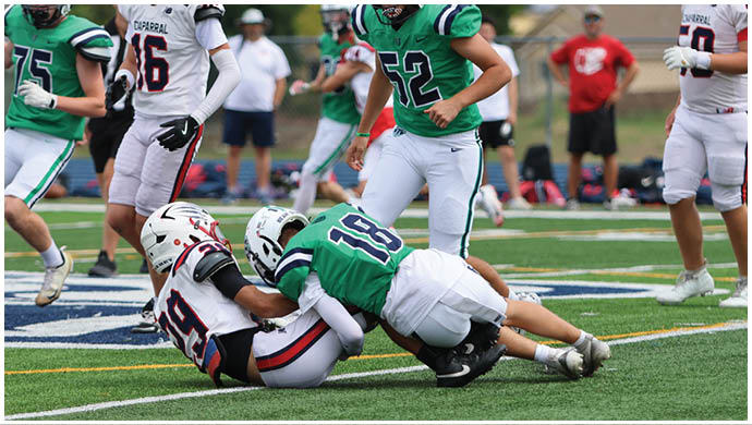 Three football players in blue and white uniforms running on a field. Description generated by AI