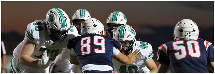 A football game is taking place on a field with players wearing blue and white uniforms. Description generated by AI