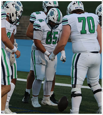 A group of football players celebrating a touchdown. Description generated by AI