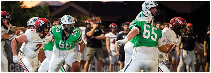 A football game is taking place on a field with players wearing blue and white uniforms. Description generated by AI