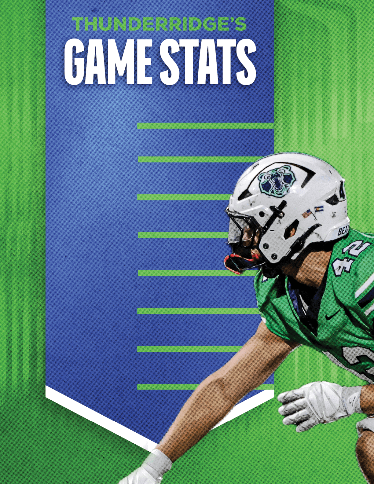 A football player wearing a blue and red jersey. Description generated by AI