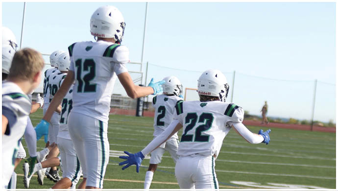 Three football players in blue and white uniforms running on a field. Description generated by AI