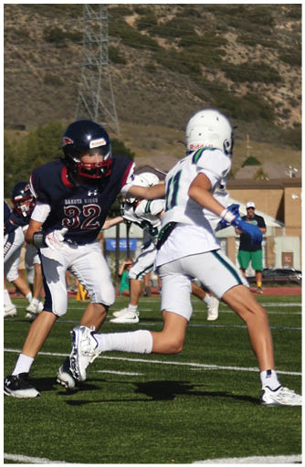 A football player catching a ball. Description generated by AI