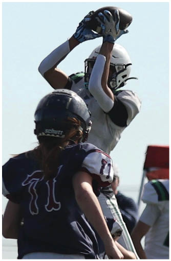 A football player catching a ball. Description generated by AI