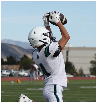A football player catching a ball. Description generated by AI