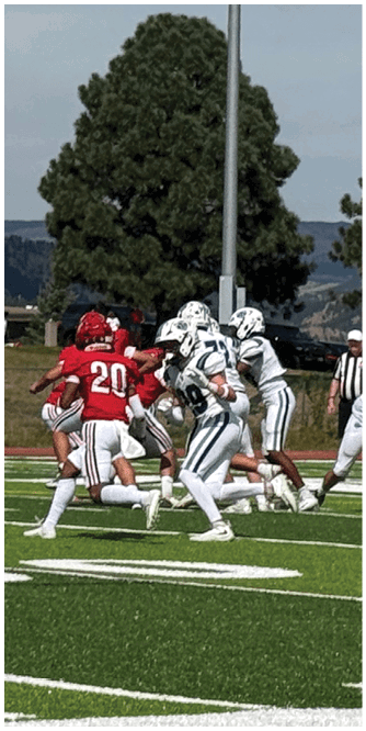A football player catching a ball. Description generated by AI