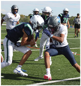 A football player catching a ball. Description generated by AI