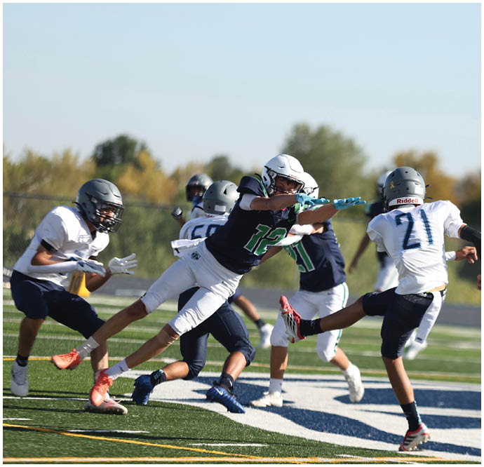 Three football players in blue and white uniforms running on a field. Description generated by AI