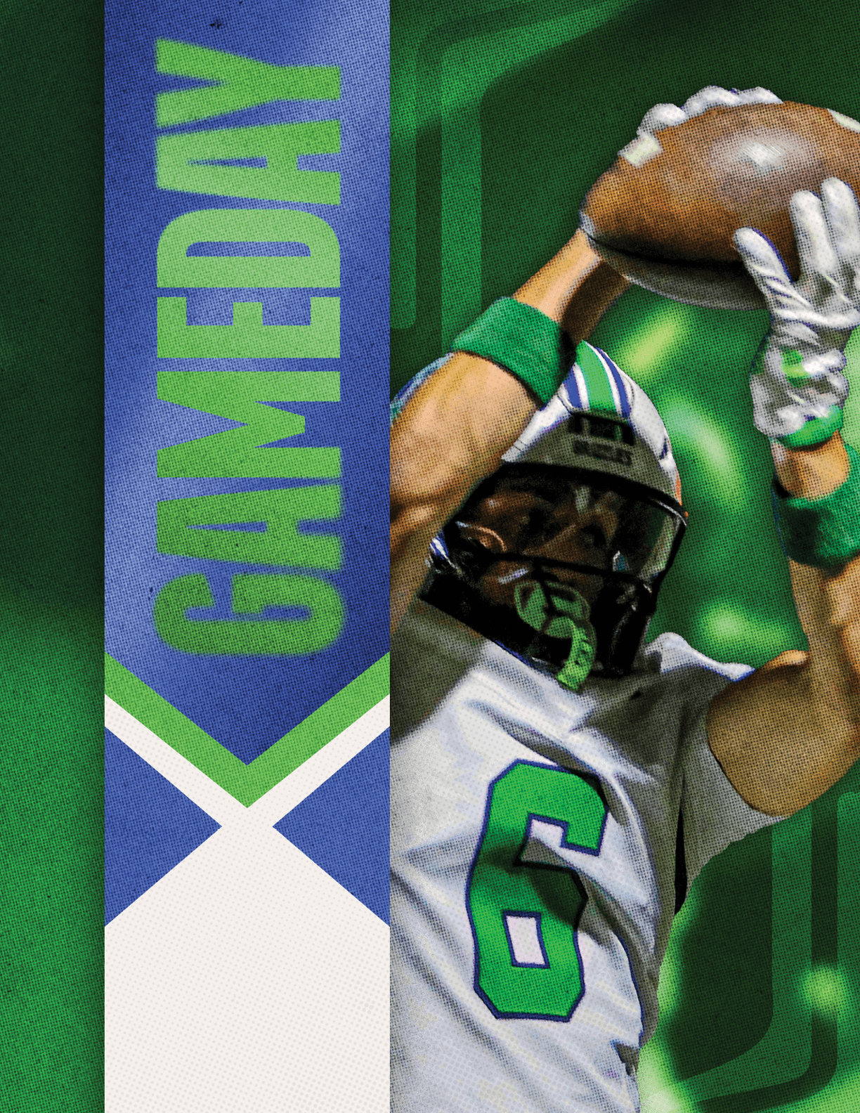 A football player is tackled by another player. Description generated by AI