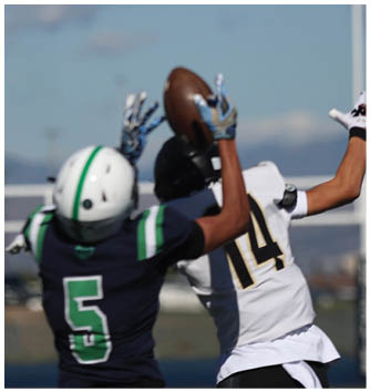 A football player catching a ball. Description generated by AI