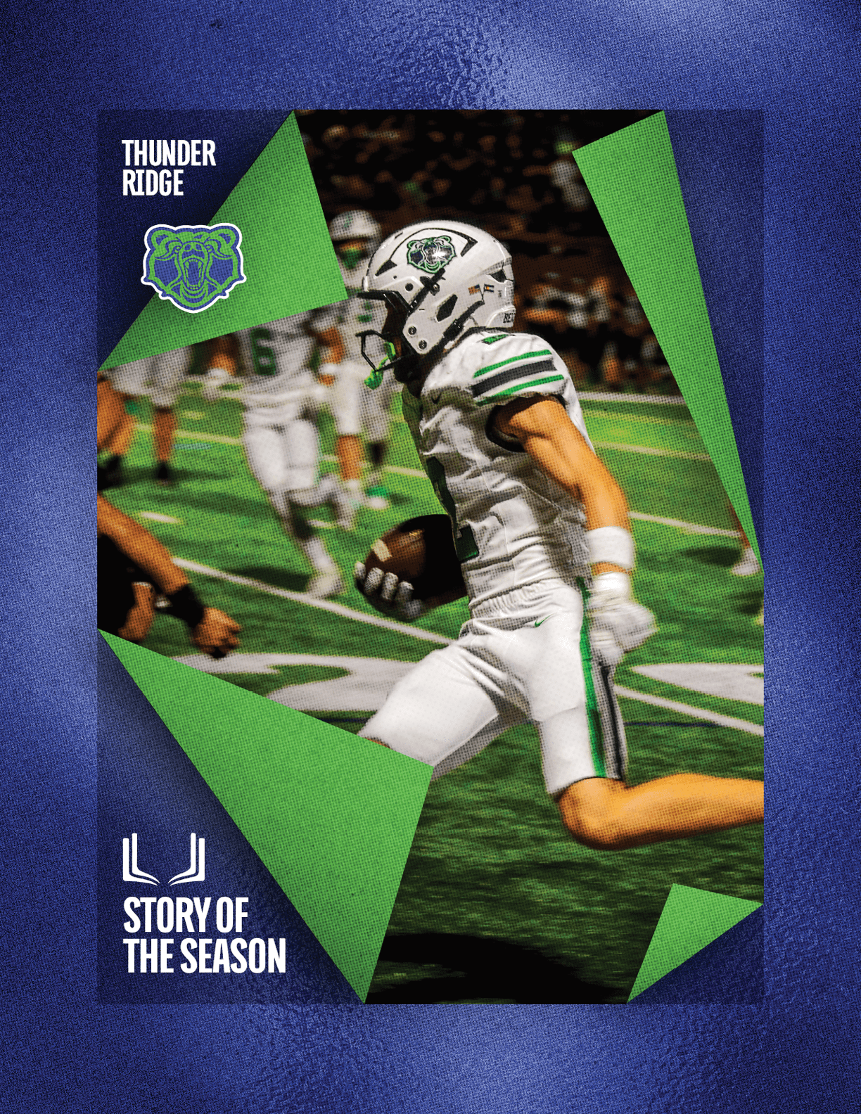 A football player wearing a blue and white uniform. Description generated by AI