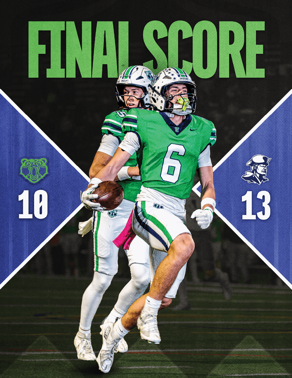 A person in a football uniform celebrating on a field with a final score graphic showing the Wildcats defeating the Cardinals. Description generated by AI