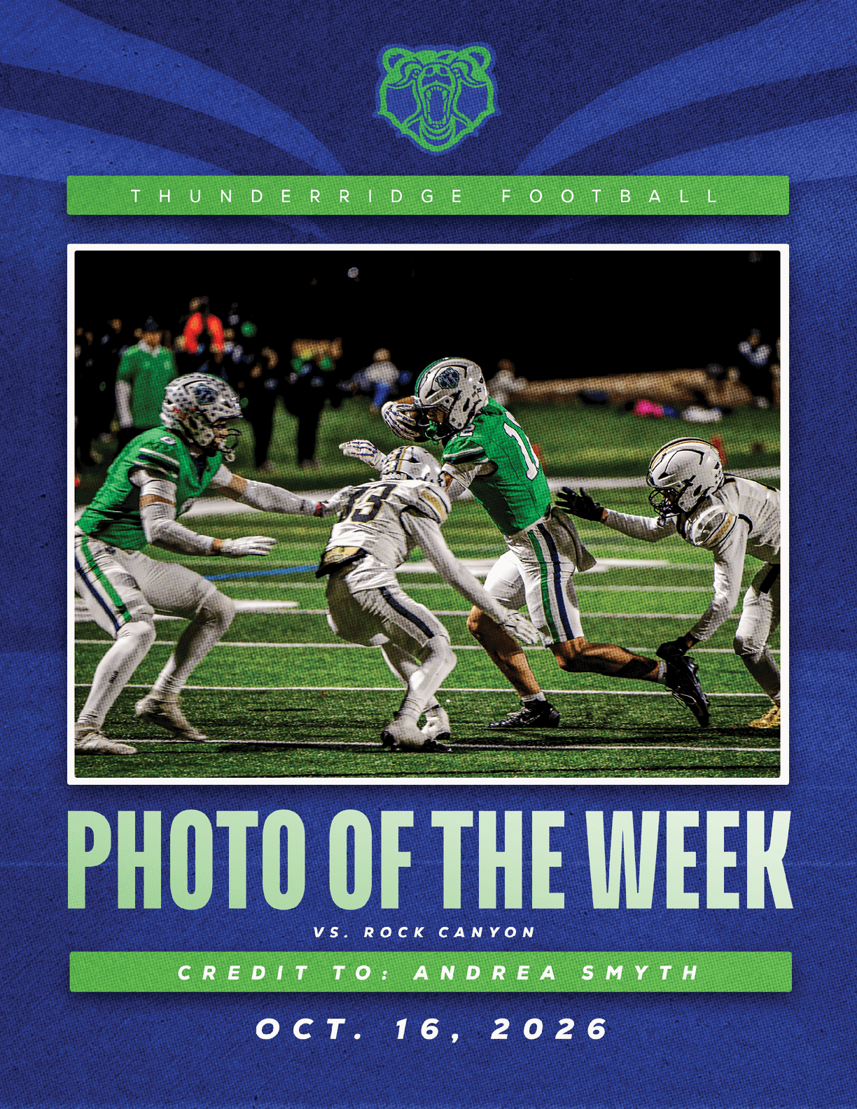 A football player in a green jersey is jumping in the air. Description generated by AI