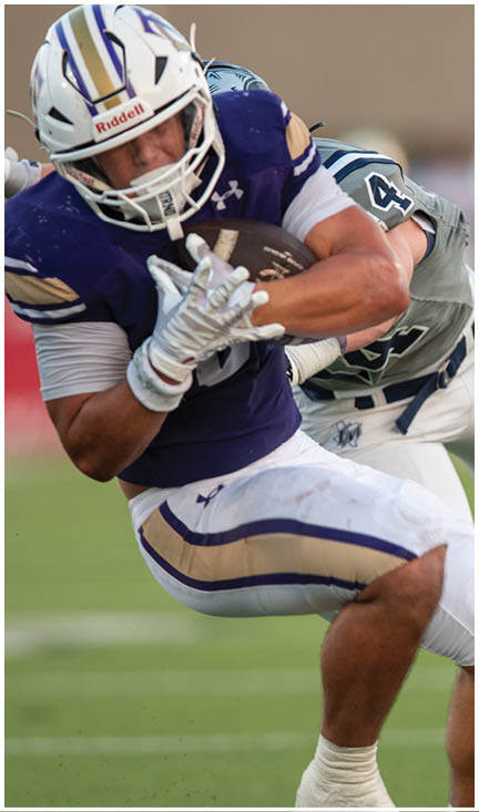 A football player wearing a blue and red jersey with the number 25. Description generated by AI