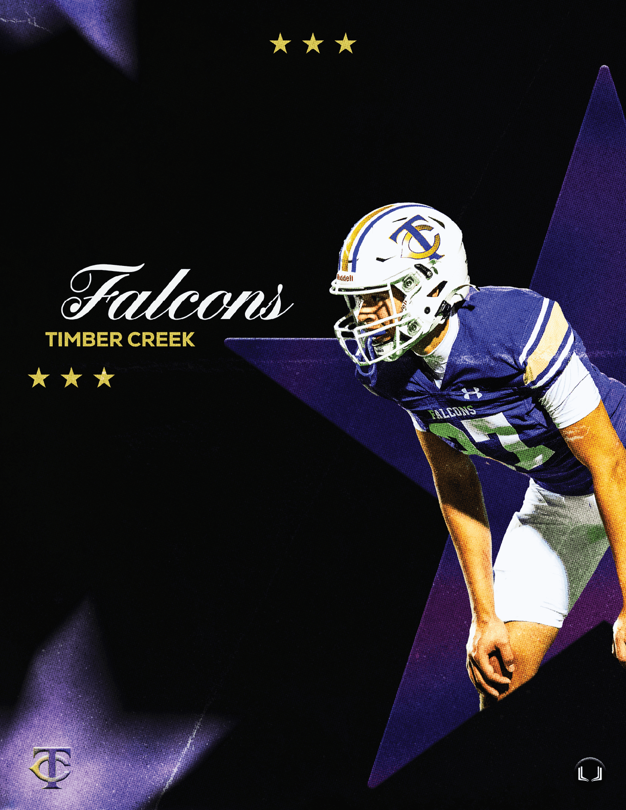 A football player wearing a blue and white uniform. Description generated by AI