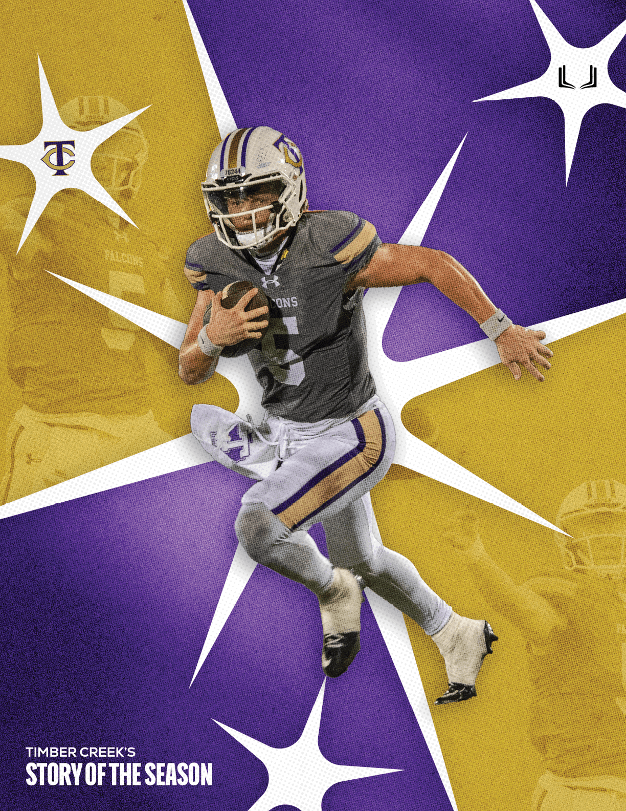 A football player wearing a blue and white uniform. Description generated by AI