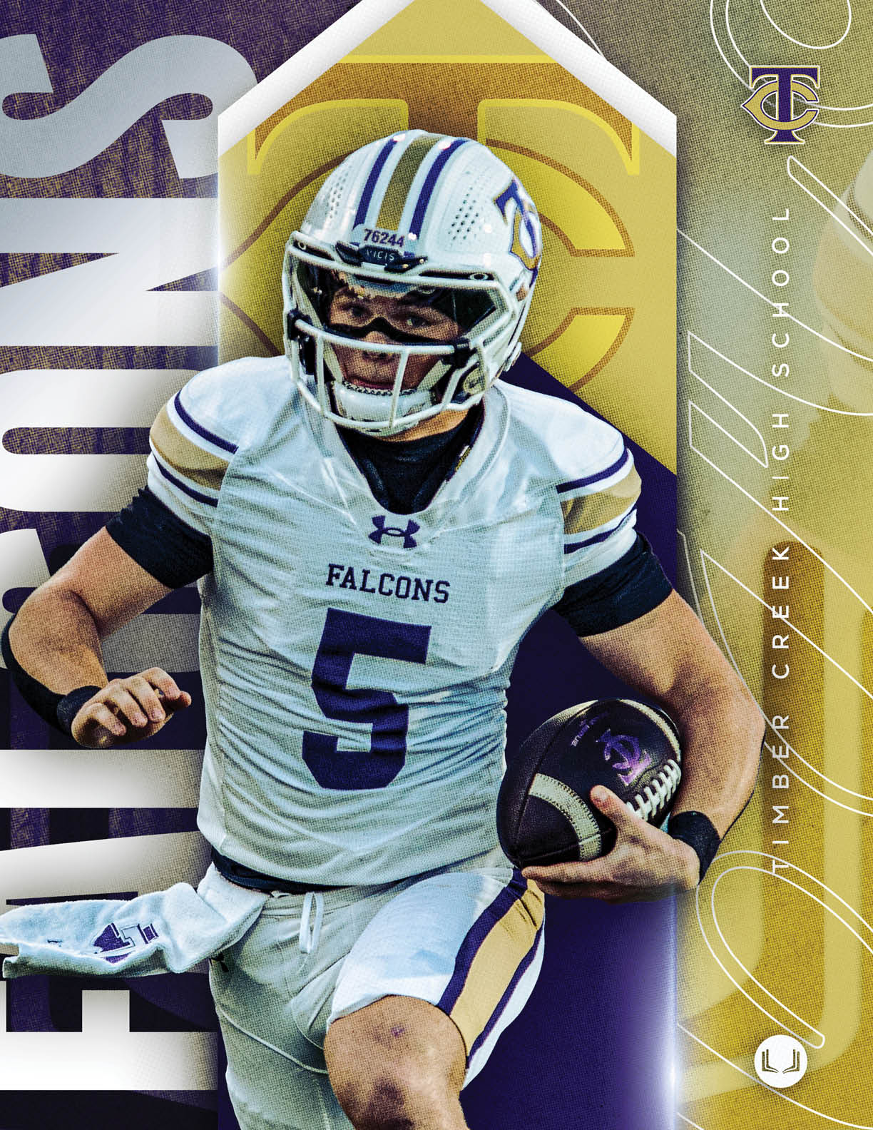 A football player wearing a blue and white uniform. Description generated by AI