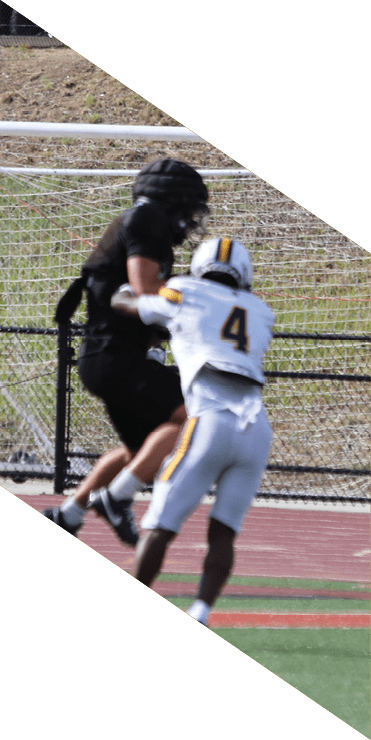 Two football players are on the field, one jumping in the air while the other is running. A referee is also present, watching the play. AI generated content