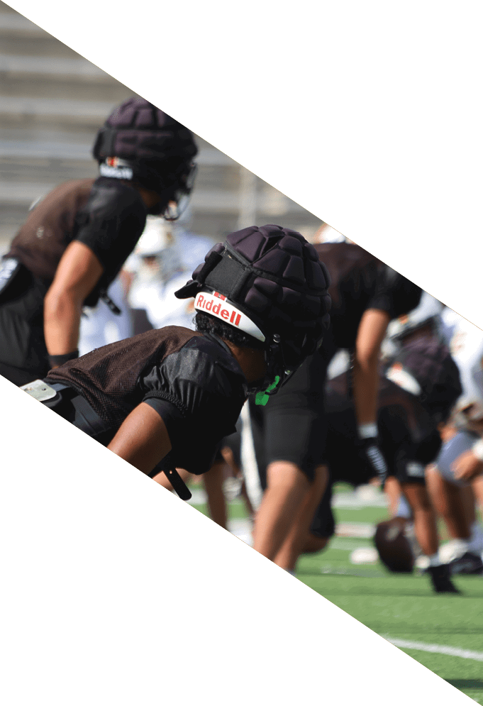 Three football players wearing green uniforms and black helmets pose for a photo. AI generated content
