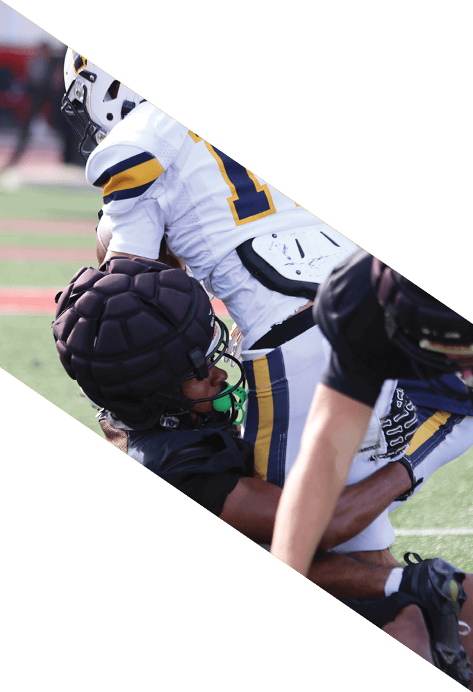 Three football players wearing green uniforms and black helmets pose for a photo. AI generated content