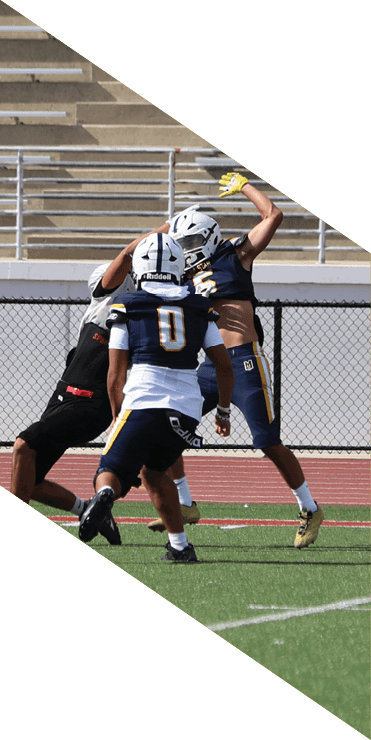 Two football players are on the field, one jumping in the air while the other is running. A referee is also present, watching the play. AI generated content