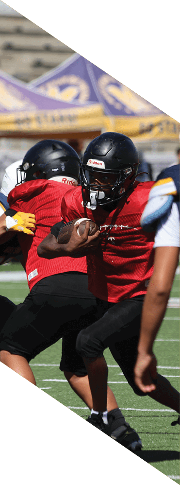 Two young men wearing football uniforms and making hand gestures. AI generated content