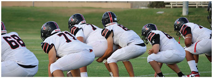 A football player wearing a blue and white uniform. Description generated by AI