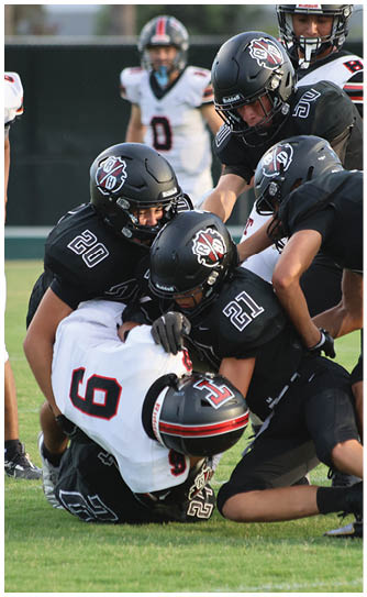 A football player catching a ball. Description generated by AI