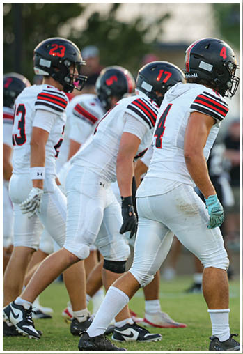 A group of football players celebrating a touchdown. Description generated by AI