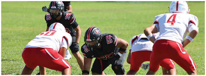 A football player wearing a blue and white uniform. Description generated by AI
