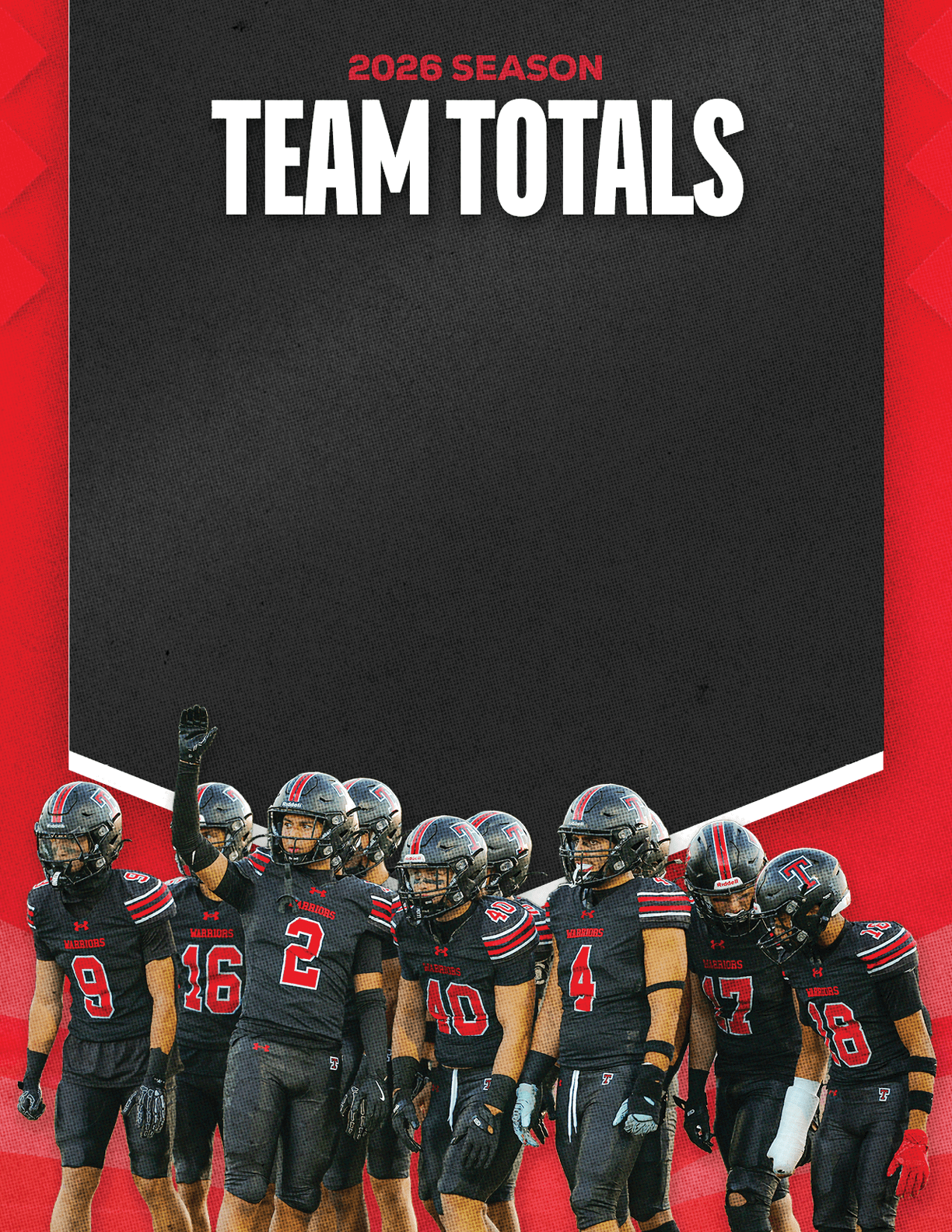 A group of football players standing on the field. Description generated by AI