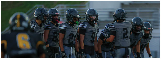 A football game is taking place on a field with players wearing blue and white uniforms. Description generated by AI
