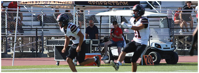 A football player wearing a blue and white uniform. Description generated by AI