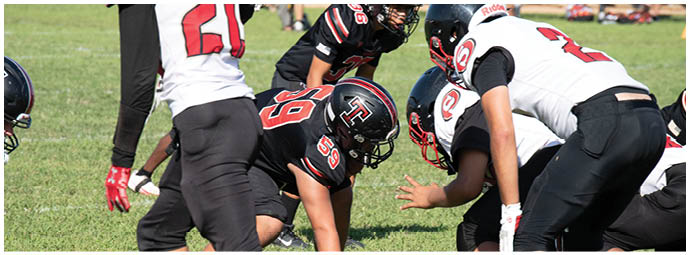 A football player wearing a blue and white uniform. Description generated by AI