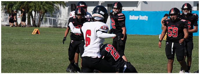 A football player wearing a blue and white uniform. Description generated by AI