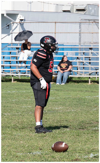 A football player catching a ball. Description generated by AI